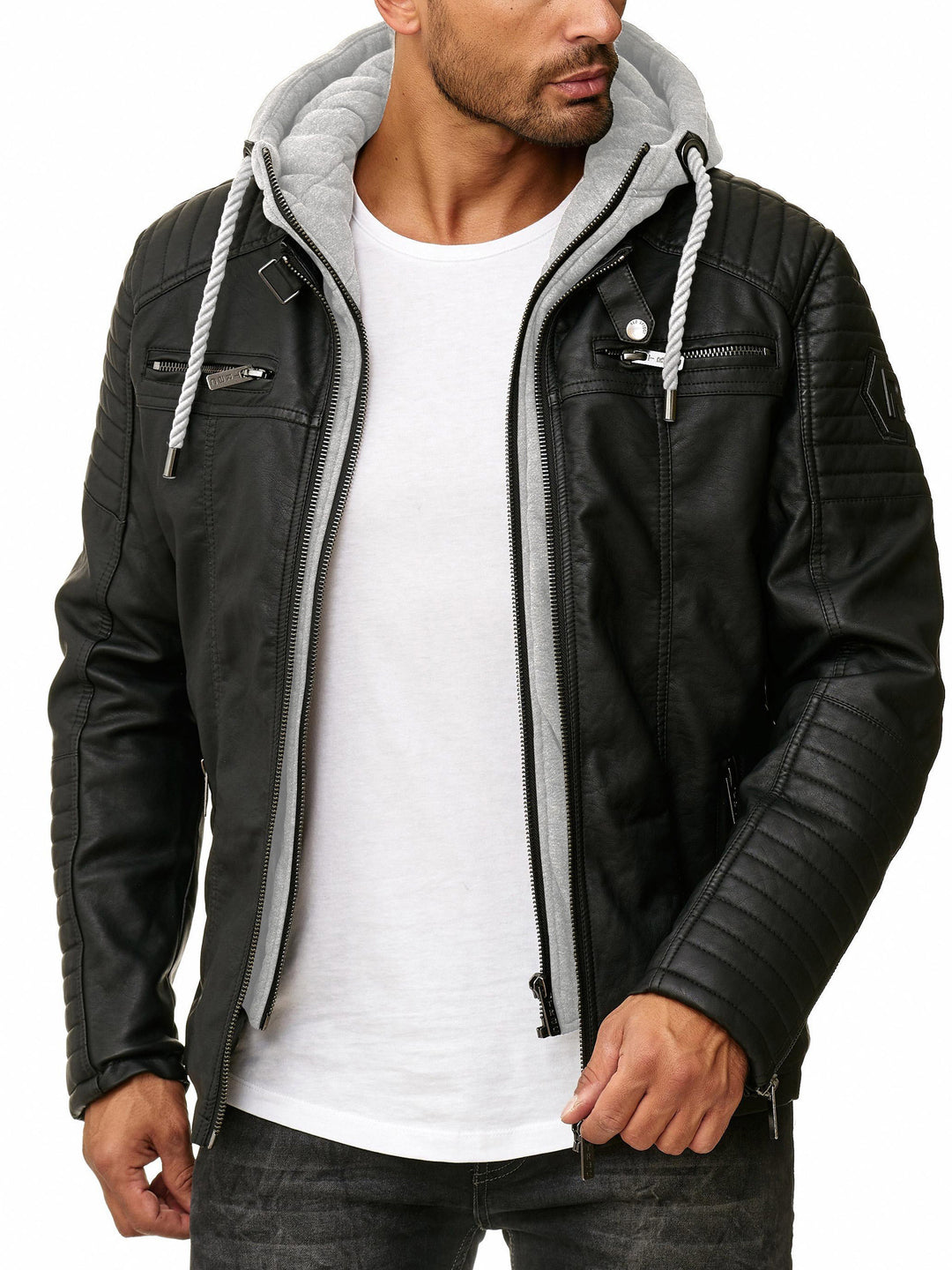 Biker Winterlederjacke mit Kaputze abnehmbar