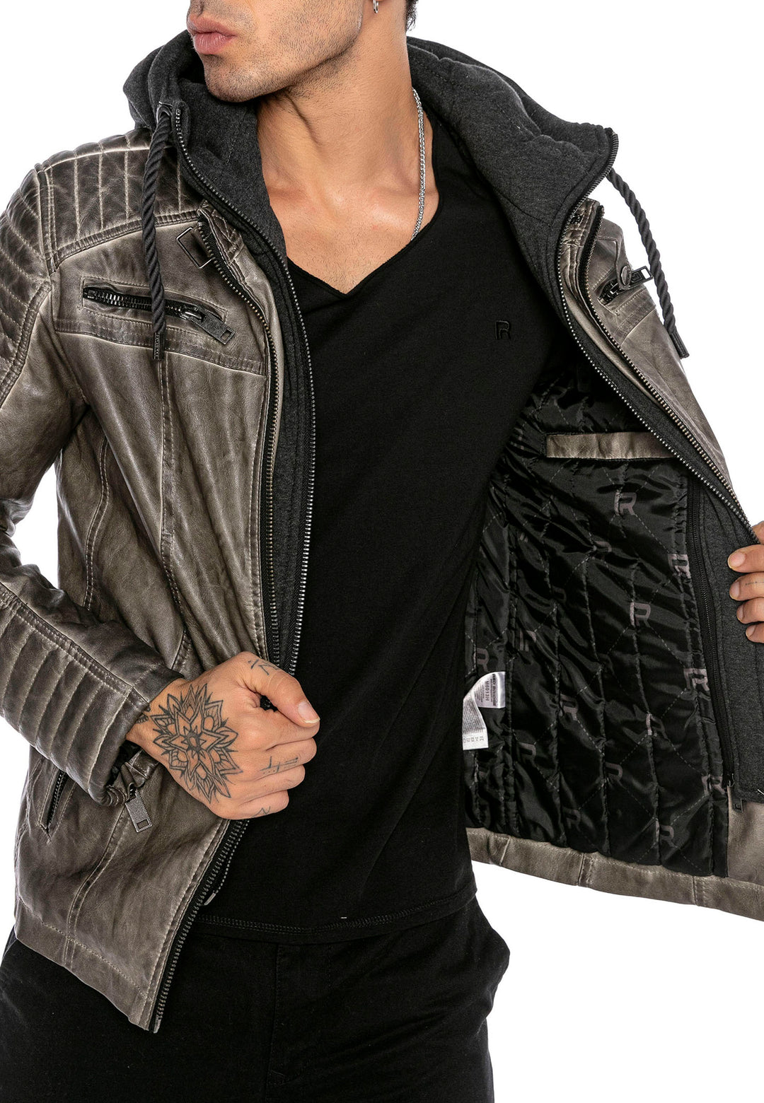 Biker Winterlederjacke mit Kaputze abnehmbar